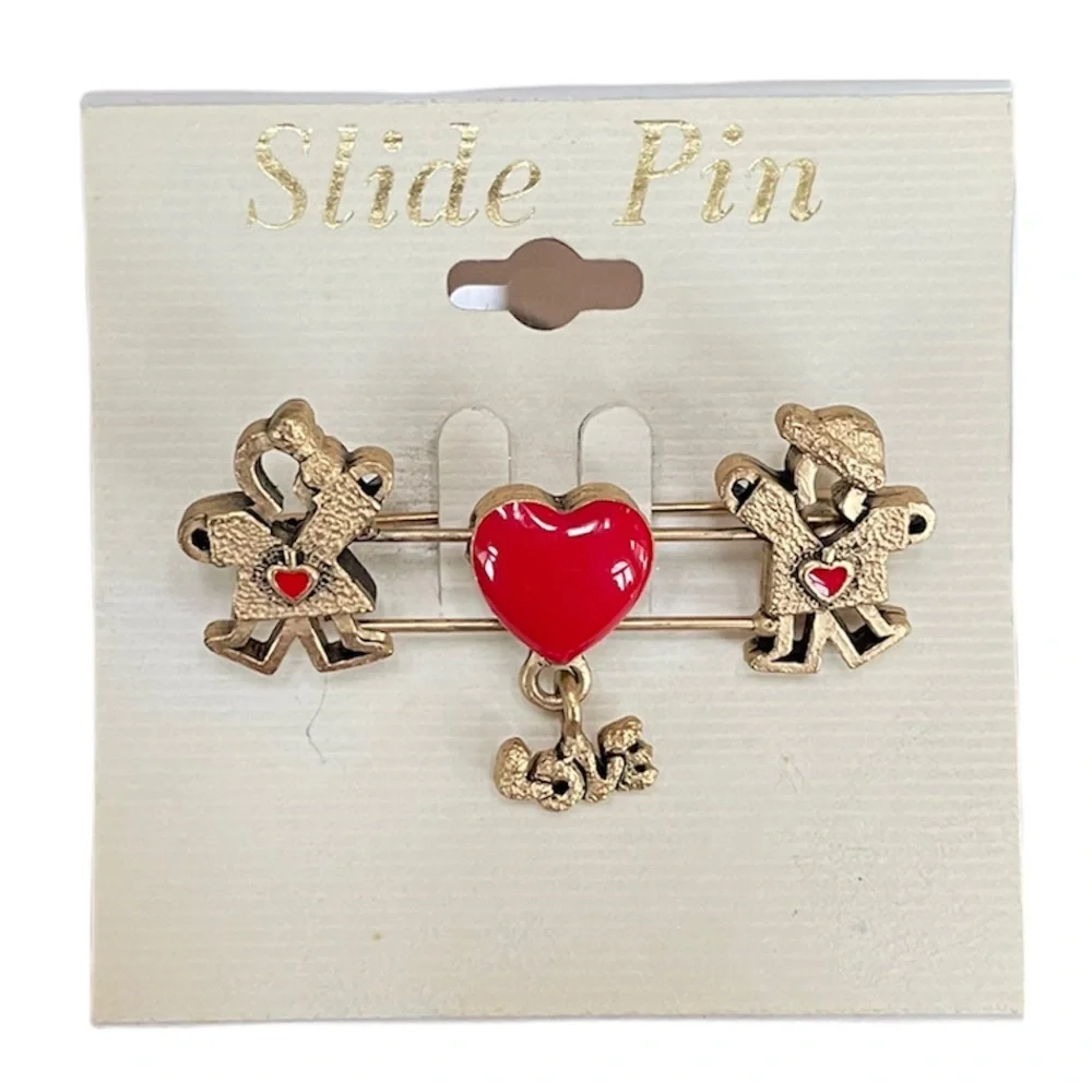 Heart Love Brooch Whimsical Figural Fun Slide Pin Colorful Retro Red Gold Cutout